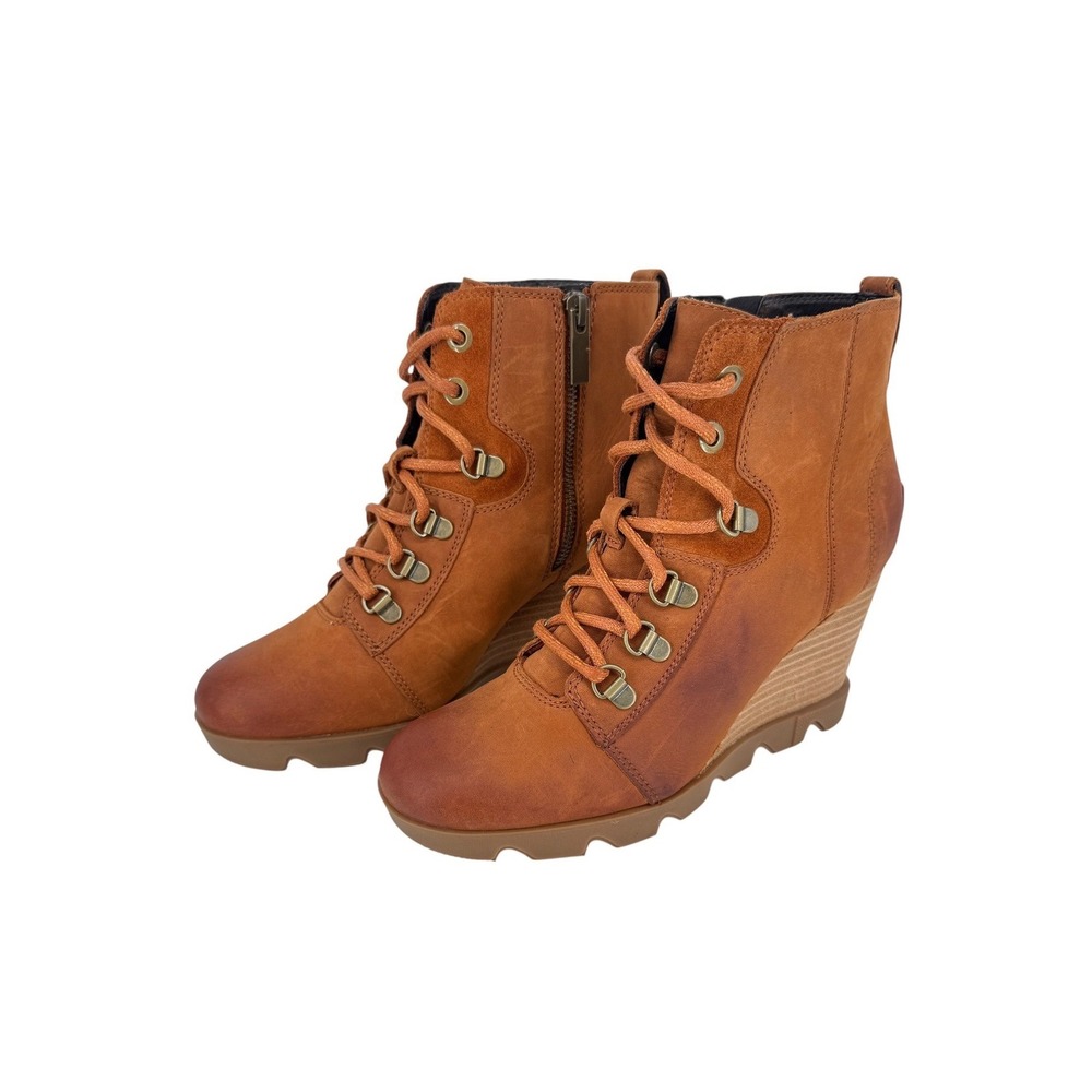 Sorel Joan Uptown Wedge Ankle Boots Women 7.5 Cognac Brown Leather Lace Up